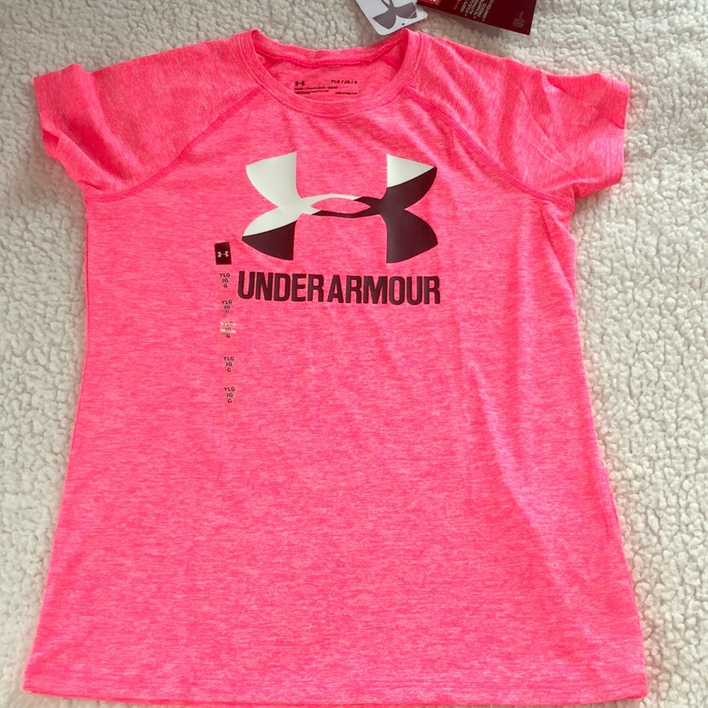 Girls large Under Armour logo heat gear shirt